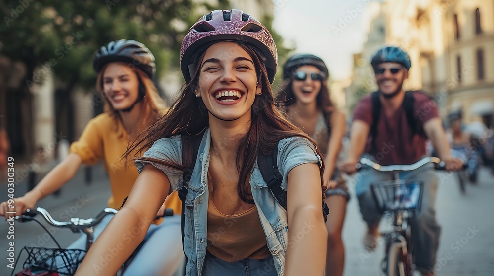 Cycling Through City Streets: Joyful friends embrace urban adventure, their laughter echoing as they bike through sunlit city streets.