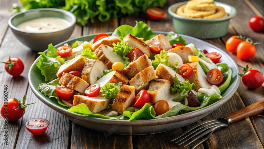A delicious Caesar chicken and vegetable salad with grilled chicken, romaine lettuce A delicious Caesar chicken and vegetable salad with grilled chicken, romaine lettuce