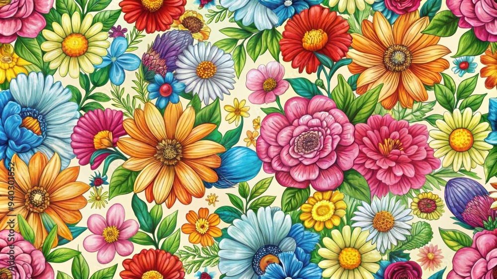 Seamless pattern featuring colorful flowers in a hand-drawn style, floral, repeat, background, petal, botanical, garden, texture Seamless pattern featuring colorful flowers in a hand-drawn style, floral, repeat, background, petal, botanical, garden, texture