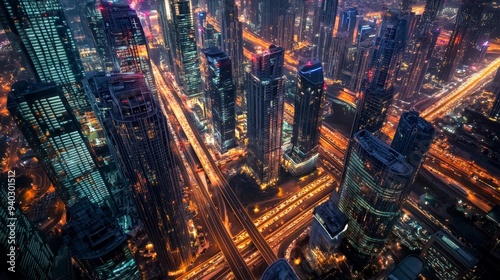 Wallpaper Mural Dubai Nights: A breathtaking aerial panorama showcasing the dazzling cityscape of Dubai illuminated against the night sky, capturing the city's vibrant energy and architectural grandeur.  Torontodigital.ca