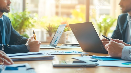 Strategic Collaboration: Businessmen analyze data, strategize, and collaborate on laptops in a sunlit office, highlighting teamwork and focused decision-making. 