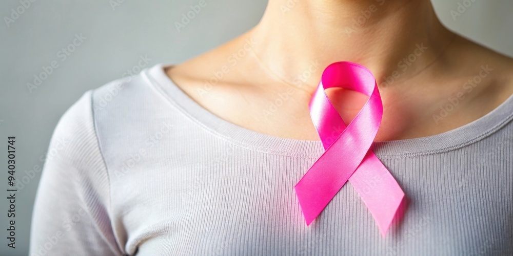 A close-up photo of a person wearing a pink ribbon as a symbol of cancer awareness, pink ribbon, cancer awareness A close-up photo of a person wearing a pink ribbon as a symbol of cancer awareness, pink ribbon, cancer awareness