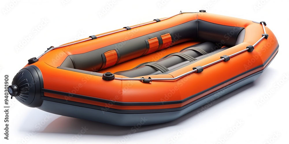 Naklejka premium A sleek, modern inflatable raft floats against a crisp white background, its bright orange and black accents popping against the clean, minimalist setting.