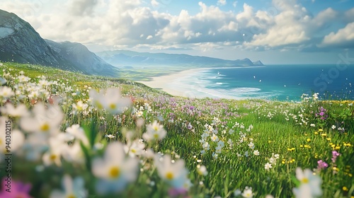 Coastal Bloom Paradise: A breathtaking vista of wildflowers cascading towards the azure ocean, where verdant cliffs meet the sparkling sea. 