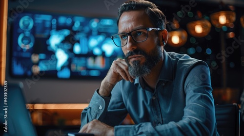 Focused man working on a laptop in a modern office with data analytics on multiple screens, showcasing a high-tech work environment.