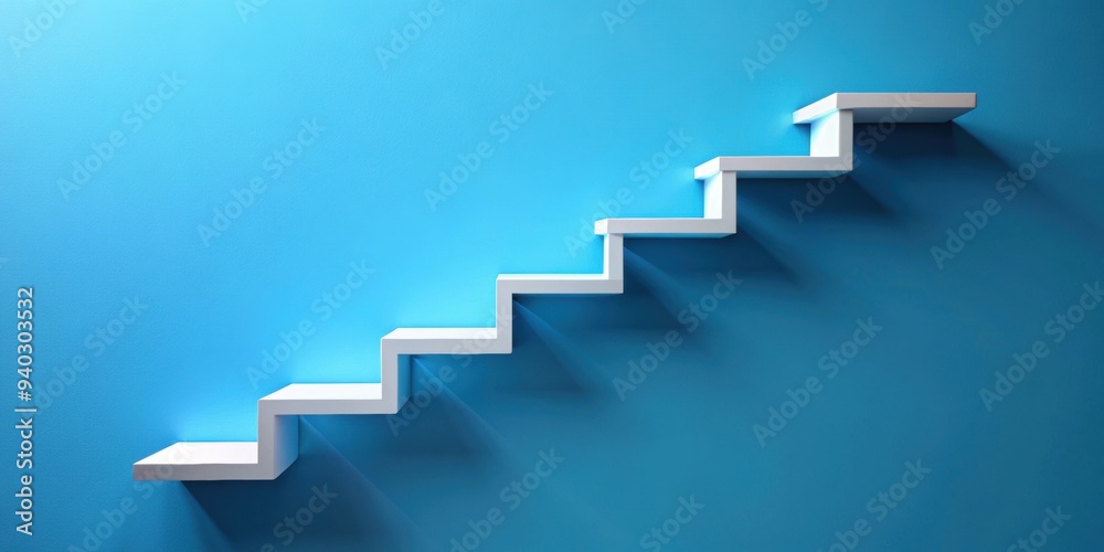 Minimalist rendering of an upward arrow and stairs on blue background, representing success and achievement, upward Minimalist rendering of an upward arrow and stairs on blue background, representing success and achievement, upward