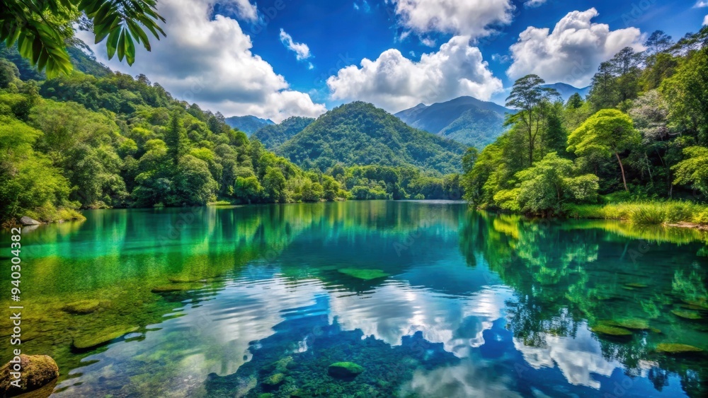 Tranquil mountain lake surrounded by lush tropical forest with crystal clear waters, Mountain, Lake, Landscape, Tropical
