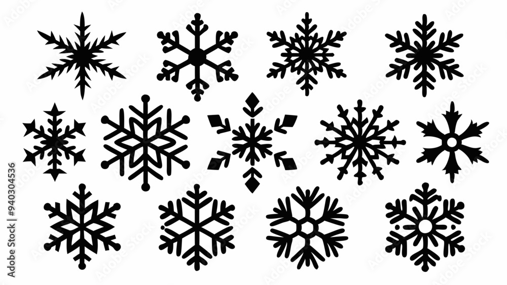 Snowflake silhouettes set. Snowflake symbols. Snow icon. Vector illustration Snowflake silhouettes set. Snowflake symbols. Snow icon. Vector illustration