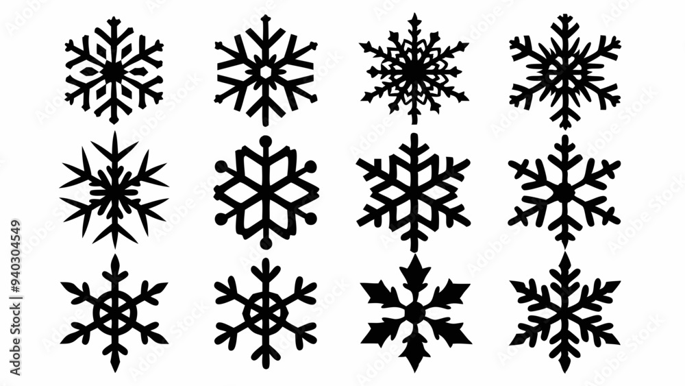 Snowflake silhouettes set. Snowflake symbols. Snow icon. Vector illustration Snowflake silhouettes set. Snowflake symbols. Snow icon. Vector illustration