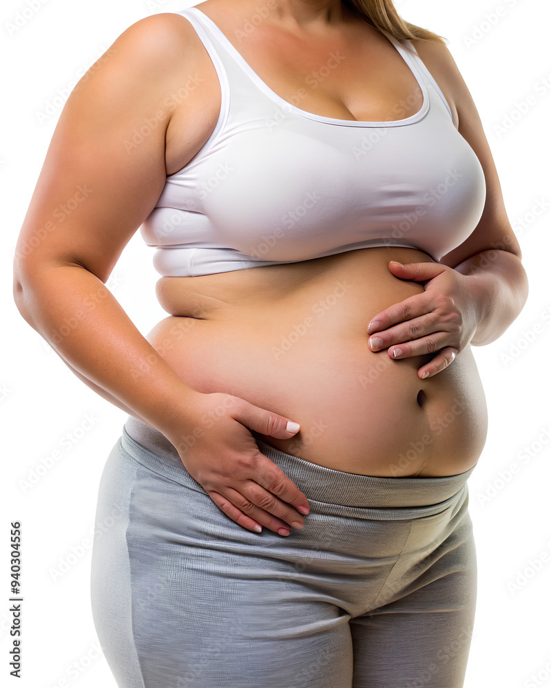 Woman body fat touching her skin on isolated white background, Clipping path Woman body fat touching her skin on isolated white background, Clipping path