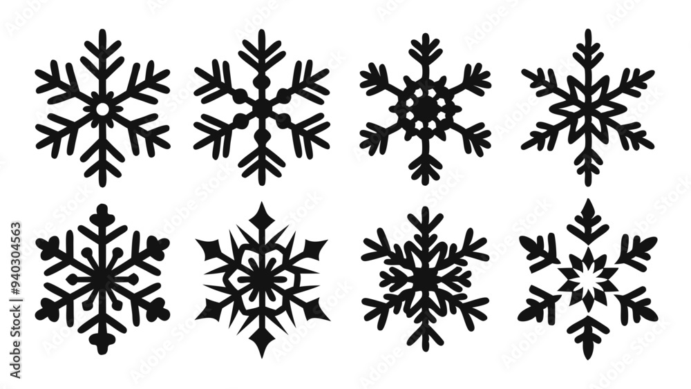 Snowflake silhouettes set. Snowflake symbols. Snow icon. Vector illustration Snowflake silhouettes set. Snowflake symbols. Snow icon. Vector illustration