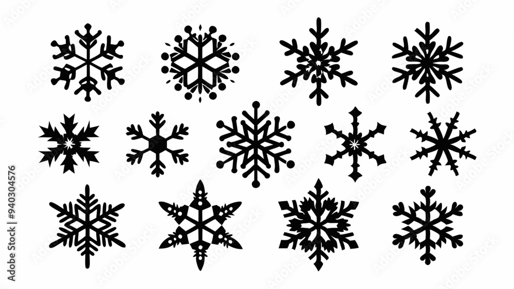 Snowflake silhouettes set. Snowflake symbols. Snow icon. Vector illustration