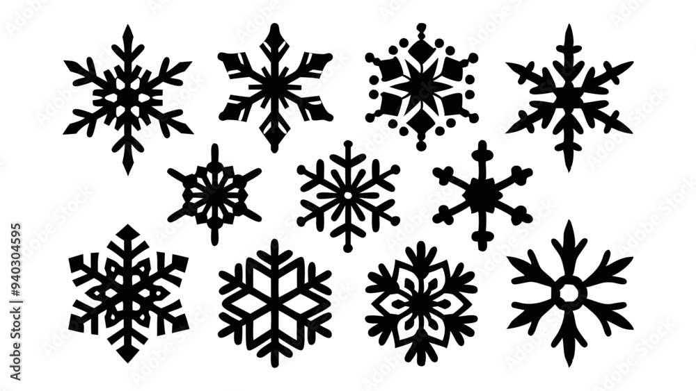 Snowflake silhouettes set. Snowflake symbols. Snow icon. Vector illustration Snowflake silhouettes set. Snowflake symbols. Snow icon. Vector illustration