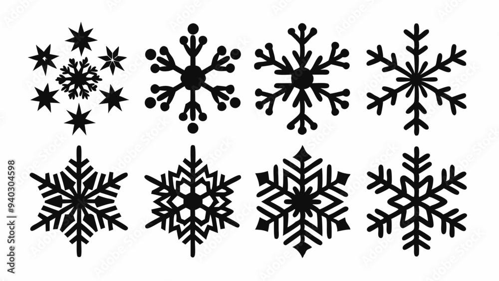 Snowflake silhouettes set. Snowflake symbols. Snow icon. Vector illustration Snowflake silhouettes set. Snowflake symbols. Snow icon. Vector illustration