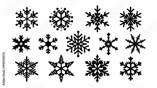 Snowflake silhouettes set. Snowflake symbols. Snow icon. Vector illustration