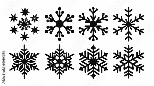 Snowflake silhouettes set. Snowflake symbols. Snow icon. Vector illustration