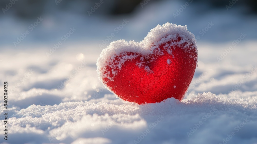 A beautiful red heart covered with frost resting on fresh snow, symbolizing love, winter, beauty, warmth, and serenity. A beautiful red heart covered with frost resting on fresh snow, symbolizing love, winter, beauty, warmth, and serenity.