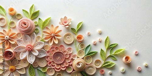 Delicate quilled flowers with layered textures highlighted by gentle natural light on a soft backdrop, quilled, delicate