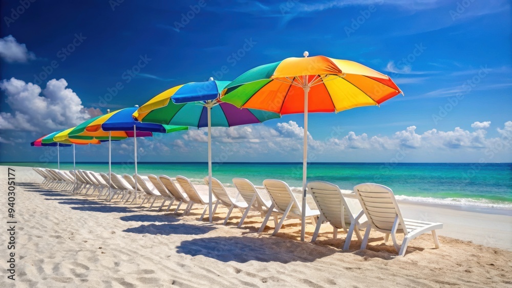 A colorful beach umbrella shading a row of white lounge chairs on a sandy shore, beach, vacation, relaxation, leisure A colorful beach umbrella shading a row of white lounge chairs on a sandy shore, beach, vacation, relaxation, leisure