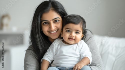 Wallpaper Mural A blissful Indian mother cradles her baby in her arms, both smiling at the camera. The image conveys a sense of love, care, and happiness within a family. The soft lighting and warm colors enhance the Torontodigital.ca