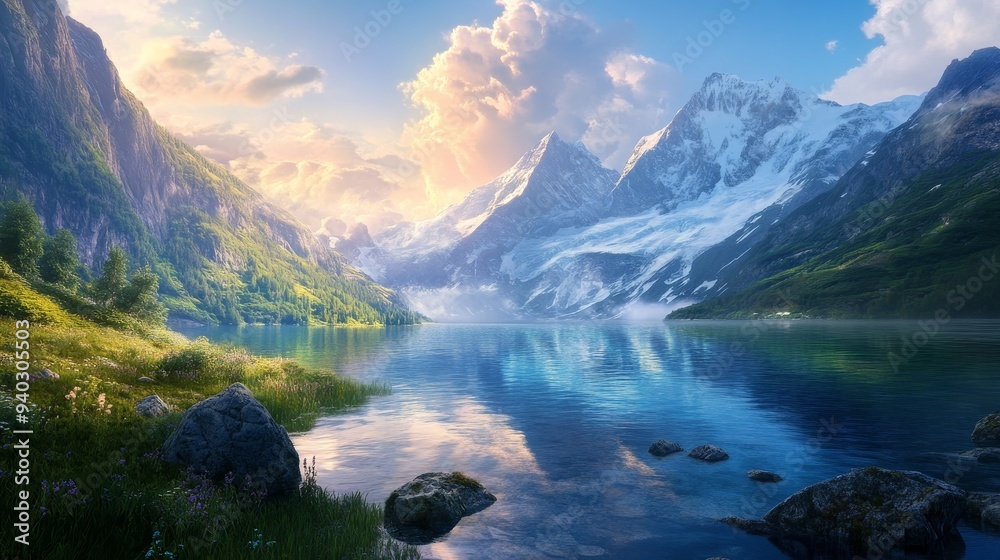 A breathtaking landscape showcasing snow-capped mountains reflected in a still lake. The setting sun casts a golden glow, creating a sense of peace and tranquility. The lush green hillsides and the cl A breathtaking landscape showcasing snow-capped mountains reflected in a still lake. The setting sun casts a golden glow, creating a sense of peace and tranquility. The lush green hillsides and the cl