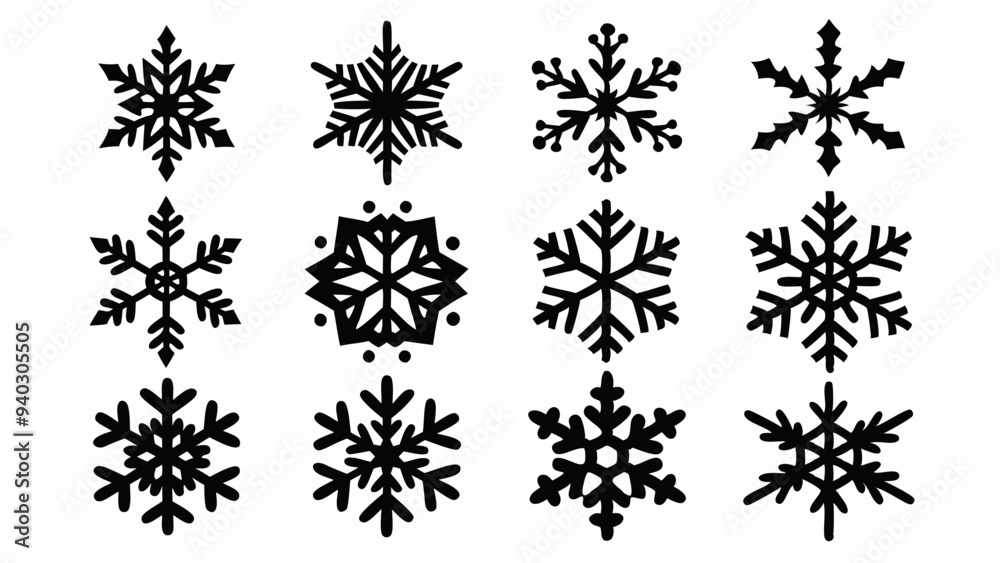 Snowflake silhouettes set. Snowflake symbols. Snow icon. Vector illustration Snowflake silhouettes set. Snowflake symbols. Snow icon. Vector illustration