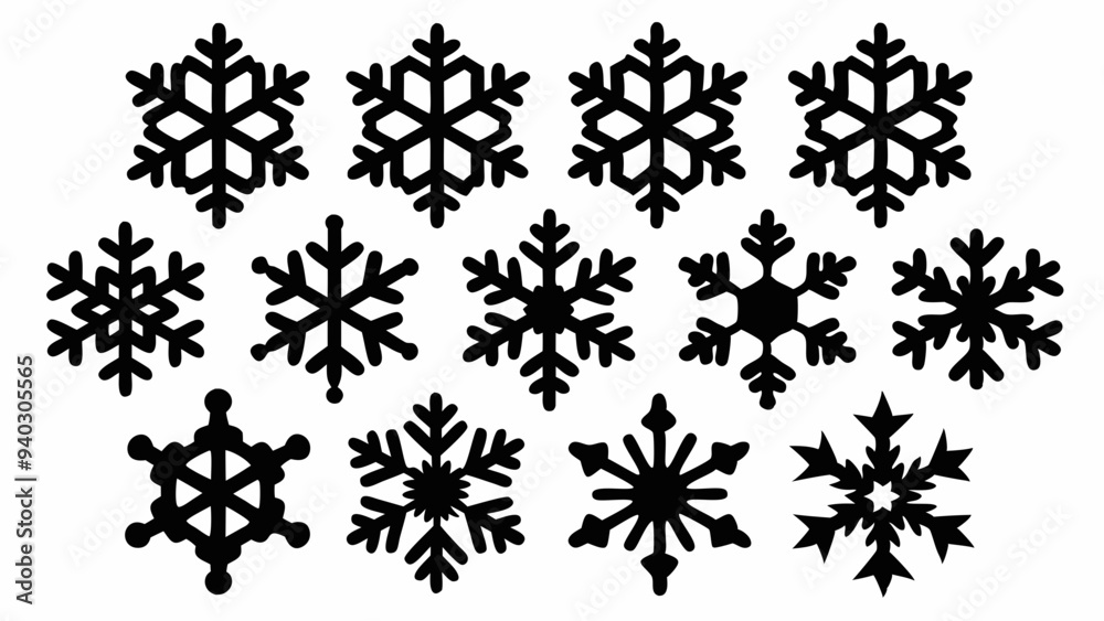 Snowflake silhouettes set. Snowflake symbols. Snow icon. Vector illustration Snowflake silhouettes set. Snowflake symbols. Snow icon. Vector illustration