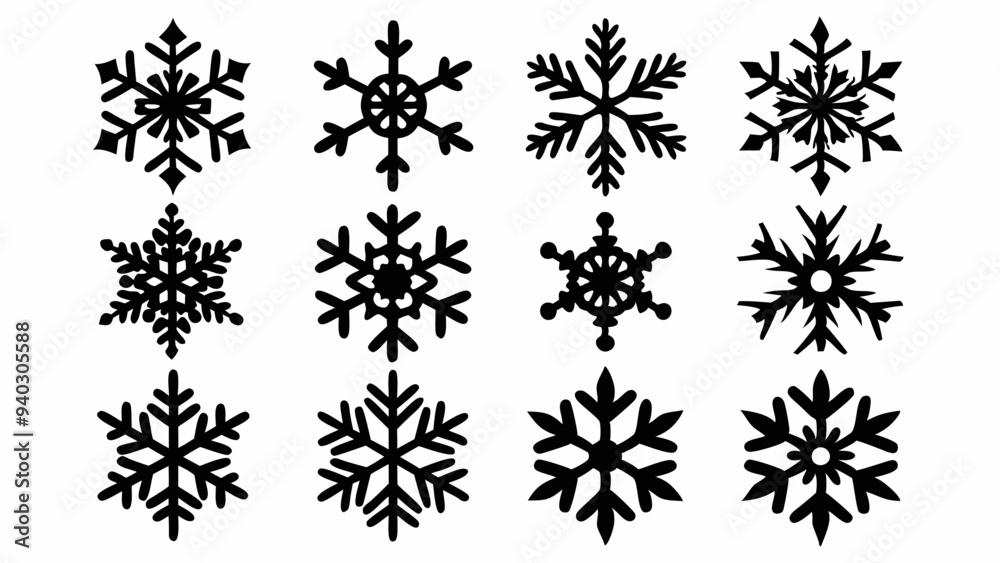 Snowflake silhouettes set. Snowflake symbols. Snow icon. Vector illustration Snowflake silhouettes set. Snowflake symbols. Snow icon. Vector illustration