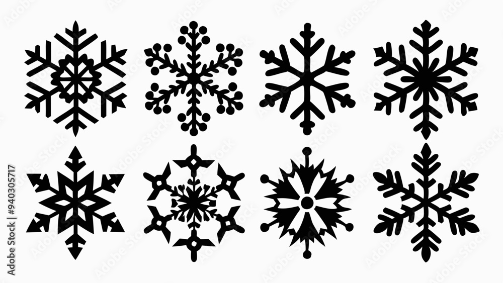 Snowflake silhouettes set. Snowflake symbols. Snow icon. Vector illustration Snowflake silhouettes set. Snowflake symbols. Snow icon. Vector illustration