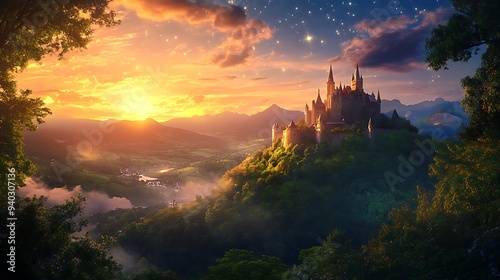 Enchanted Realm: Majestic Castle at Sunset 