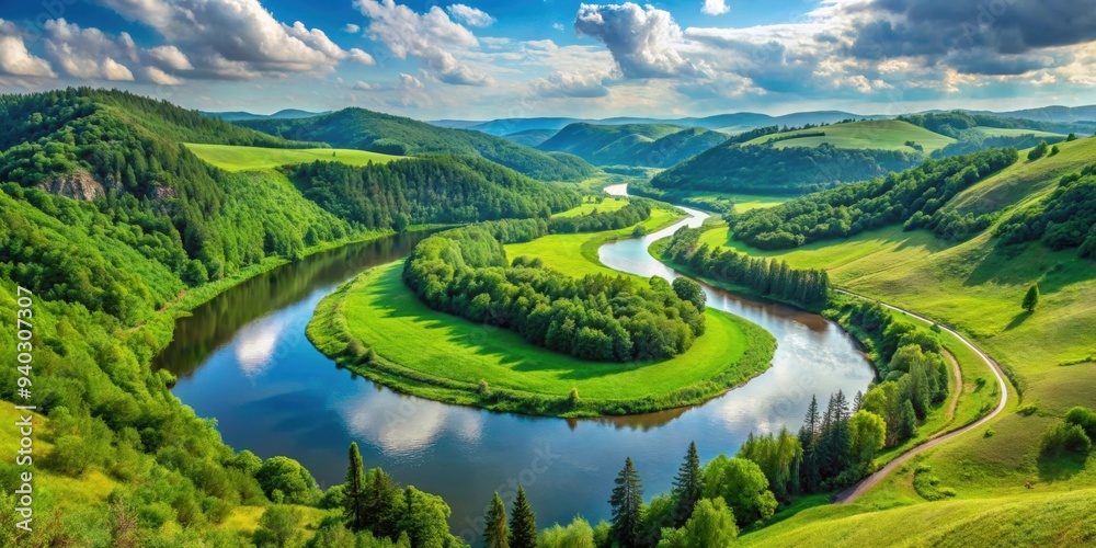 Scenic view of a pristine river winding through lush green hills, nature, landscape, river, hills, beauty, natural Scenic view of a pristine river winding through lush green hills, nature, landscape, river, hills, beauty, natural