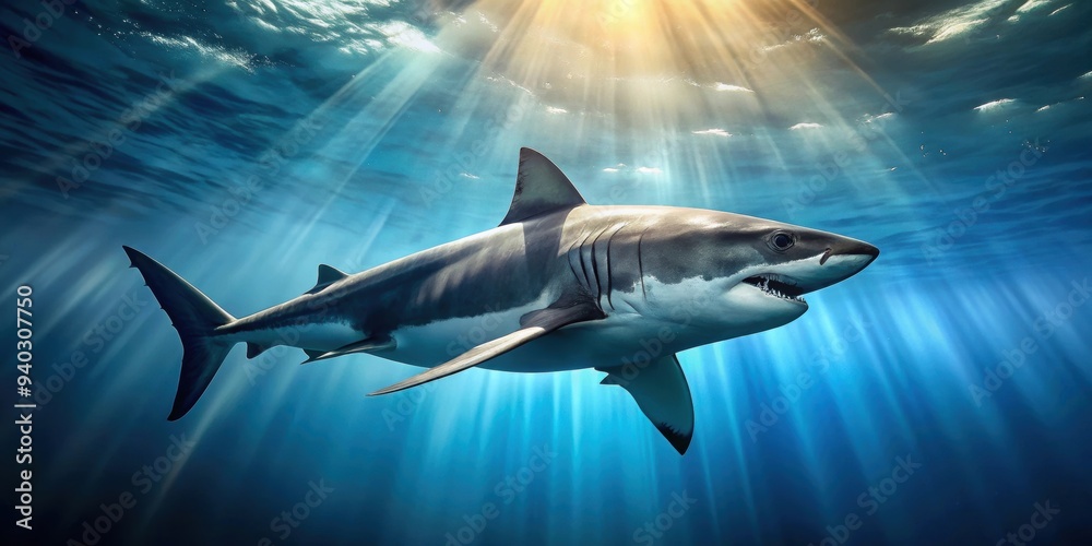 Fototapeta premium Majestic shark swimming in the deep sea , predator, marine life, ocean, underwater, fierce, danger, wildlife, carnivore