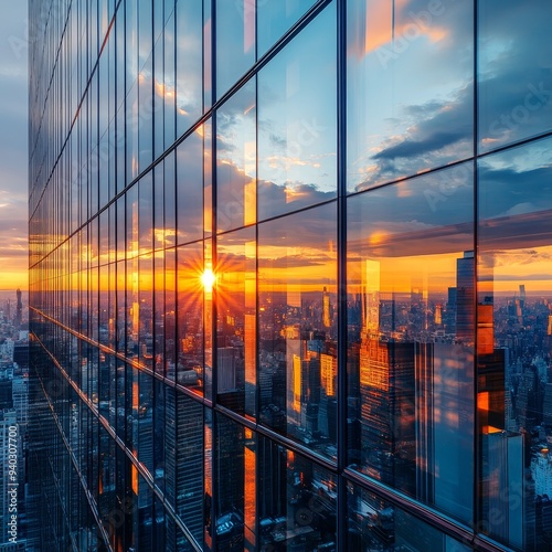 Cityscape Reflected in Glass Facade at Sunset, urban , cityscape , reflection , architecture