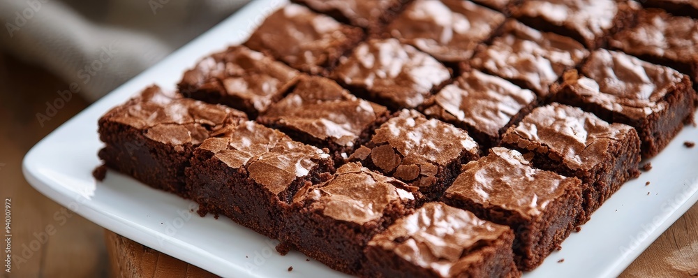 Close-up of Fudgy Brownies on White Plate, brownie, chocolate, dessert, sweet Close-up of Fudgy Brownies on White Plate, brownie, chocolate, dessert, sweet