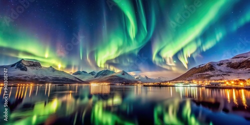 Wallpaper Mural Northern lights dancing in the night sky over Tromso, Norway, Aurora borealis, Norway, Tromso Torontodigital.ca