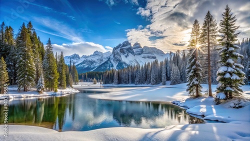 Snowy mountain landscape with pine trees and a frozen lake , winter, cold, snow, mountains, landscape, nature, trees, frozen