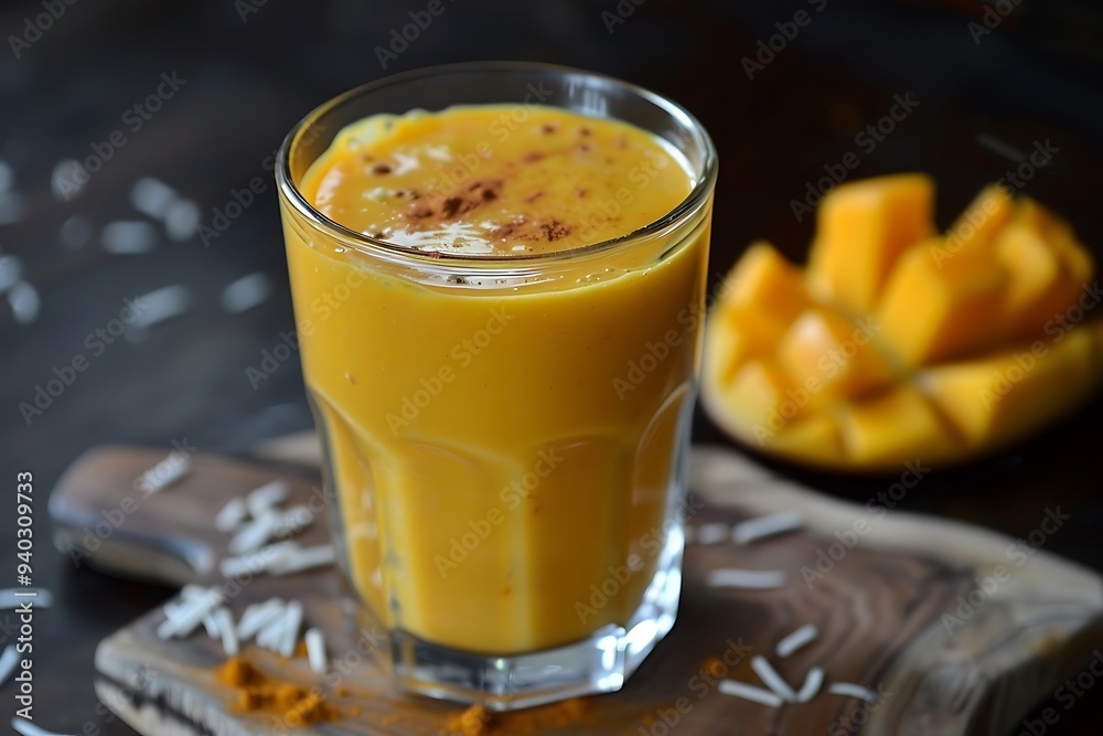 Mango smoothie in a glass with turmeric powder on wooden background Mango smoothie in a glass with turmeric powder on wooden background