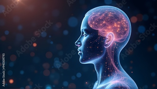 hologram human upper body with glowing brain on blue isolated background, anatomy, creative thinking and futuristic artificial intelligence technology concept