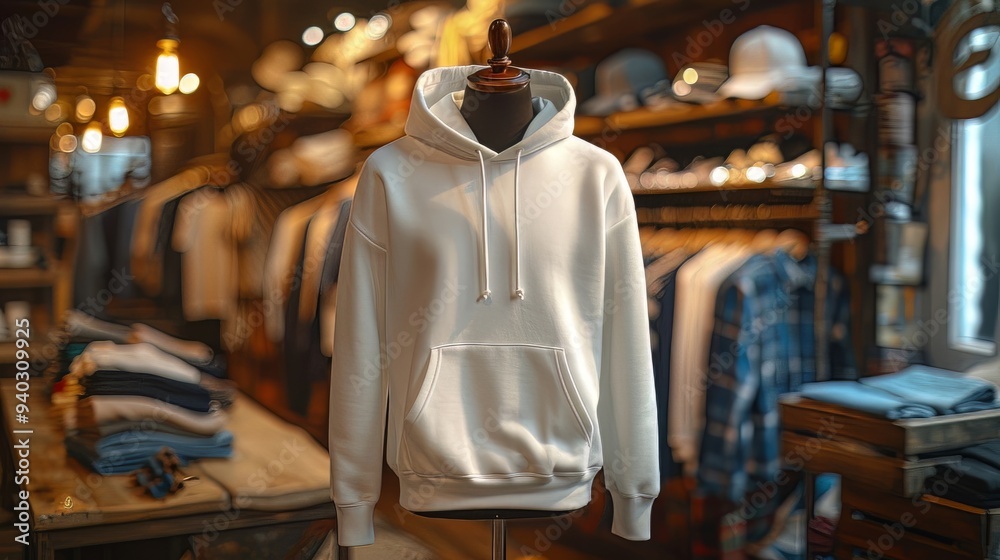 mock up of plain hoodie in shop displayed on mannequin, mannequin standing in front of clothes rack mock up of plain hoodie in shop displayed on mannequin, mannequin standing in front of clothes rack