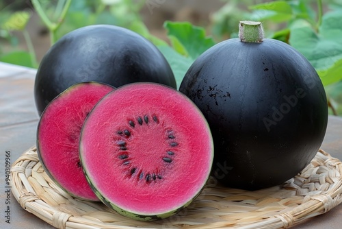 A close-up of a Densuke watermelon, a rare variety from Japan known for its dark black rind and vibrant red flesh. The watermelon is sliced open, revealing its juicy interior and contrasting seeds. Th photo