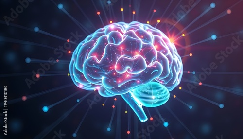 medical anatomy innovation vr/ar technology concept, 3d neon blue hologram human brain with the plexus network connections, creative working and thinking