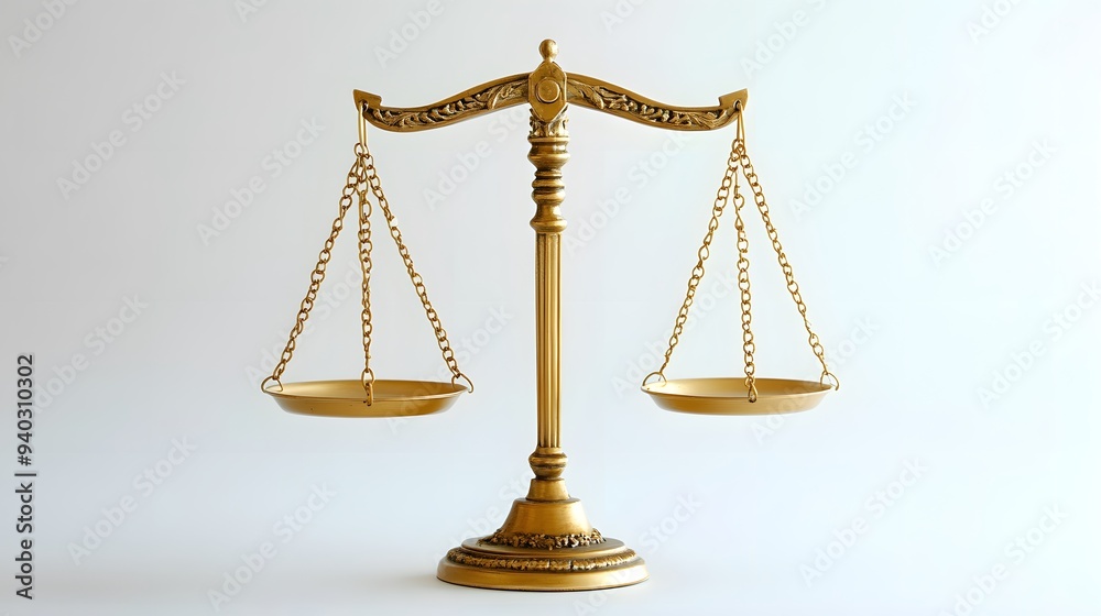Golden scales in perfect balance, centered on a clean, neutral background, representing fairness and impartiality in the justice system Golden scales in perfect balance, centered on a clean, neutral background, representing fairness and impartiality in the justice system