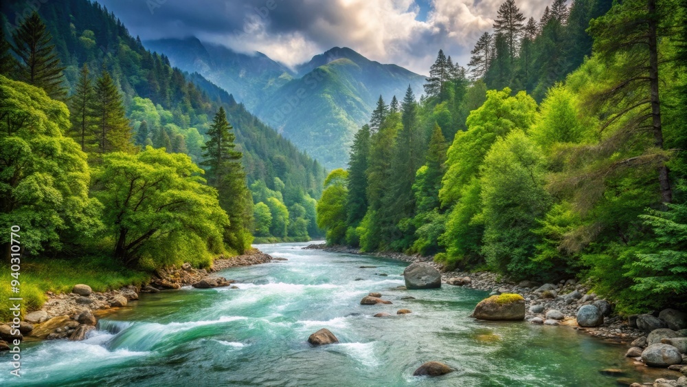 Mountain river surrounded by lush green forest , nature, water, stream, trees, rocks, serene, tranquil, landscape Mountain river surrounded by lush green forest , nature, water, stream, trees, rocks, serene, tranquil, landscape