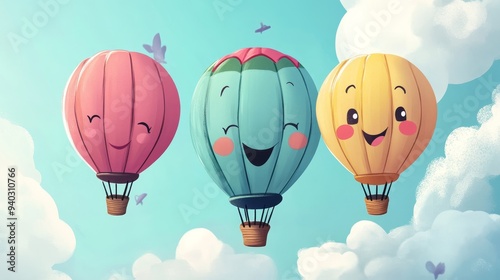 Wallpaper Mural Happy Hot Air Balloons Soaring Through the Clouds, Hot Air Balloon, Cartoon Balloon, Sky, Balloons, Clouds Torontodigital.ca