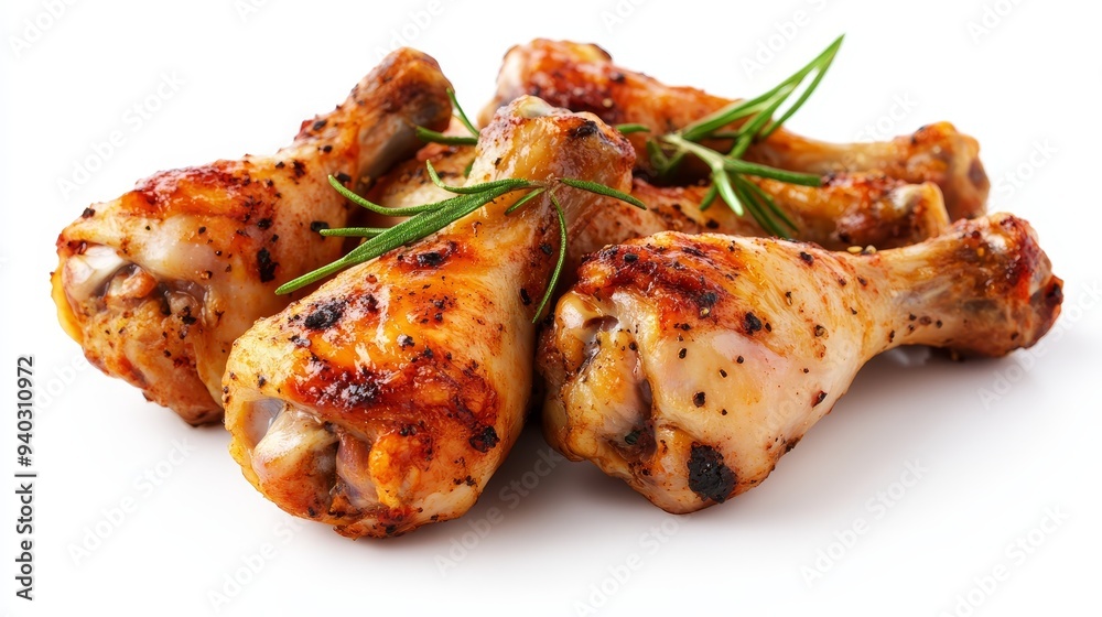 A close-up of several crispy grilled chicken legs and wings, showcasing their golden-brown skin and succulent appearance. The chicken is arranged on a white background, with sprigs of rosemary adding A close-up of several crispy grilled chicken legs and wings, showcasing their golden-brown skin and succulent appearance. The chicken is arranged on a white background, with sprigs of rosemary adding