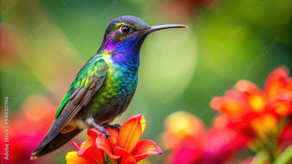 Fototapeta premium Vibrant hummingbird perched on a flower in Costa Rica, Costa Rica, hummingbird, bird, tropical, exotic, wildlife, nature