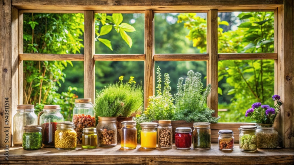 Wooden window showcasing a lush garden, with assorted herbal infused mason jars in focus, botanical, herbs, window, garden, wooden Wooden window showcasing a lush garden, with assorted herbal infused mason jars in focus, botanical, herbs, window, garden, wooden