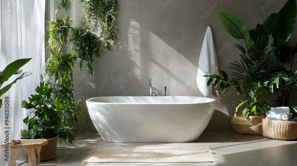 Minimalist Bathroom with Bathtub and Greenery, White Bathtub, Greenery, Natural Light, Minimalist Bathroom, Bathroom Design, Spa Inspiration