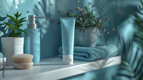 Mock up of toothpaste in a plain tube on a bathroom shelf, minimalist bathroom background 