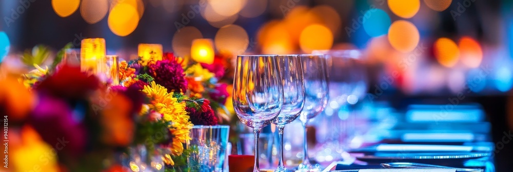 A close-up shot of a beautifully decorated dinner table with a vibrant floral centerpiece, sparkling wine glasses, and soft candlelight creating a warm and romantic ambiance. A close-up shot of a beautifully decorated dinner table with a vibrant floral centerpiece, sparkling wine glasses, and soft candlelight creating a warm and romantic ambiance.